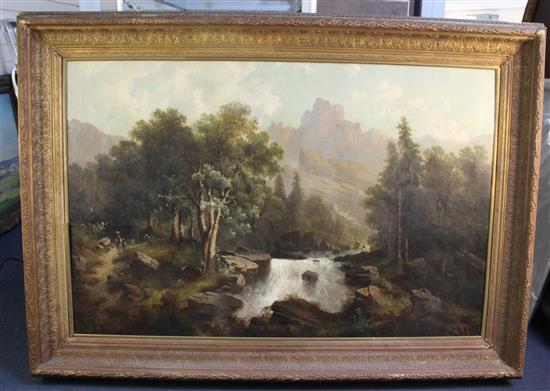 Albert Lang (1847-1933) Alpine landscape with figures near a waterfall 33 x 50in.